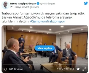 Cumhurbaşkanı Erdoğan, Twitter hesabından yaptığı paylaşımda, "Trabzonspor'un şampiyonluk maçını yakından