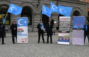 İsveç'in başkenti Stockholm'de Parlamento önünde toplanan Uygur Türkleri, Çin'in Uygur
