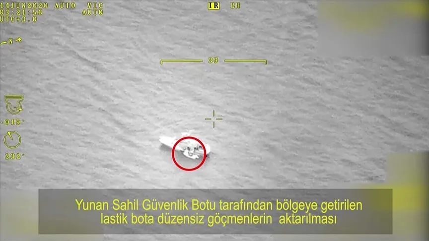 İleryoz Adası doğusunda, Yunan Sahil Güvenlik botu tarafından taşınan düzensiz