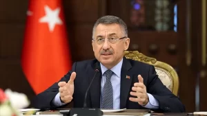 Cumhurbaşkanı Yardımcısı Fuat Oktay, Cumhurbaşkanlığı Külliyesi'nden video konferans yöntemiyle katıldığı,